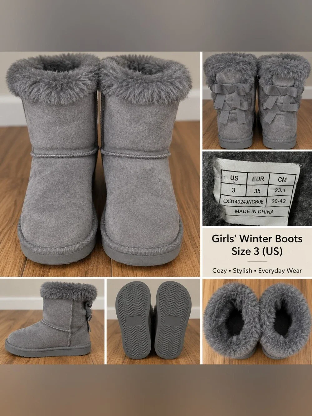 Girls Gray Faux-Fur Lined Winter Boots with Bows – Size 3